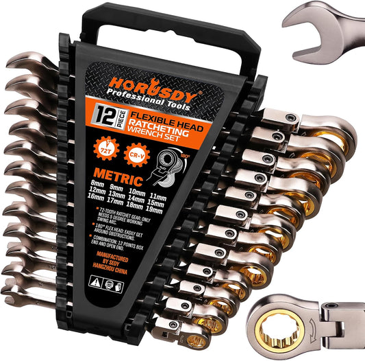 12-piece metric bent head wrench set with storage case | 8-19 mm ratchet combination wrench set